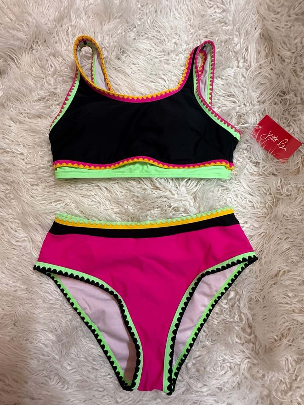Jess Lee Medium Bikini Black and Neon Swimsuit NWT